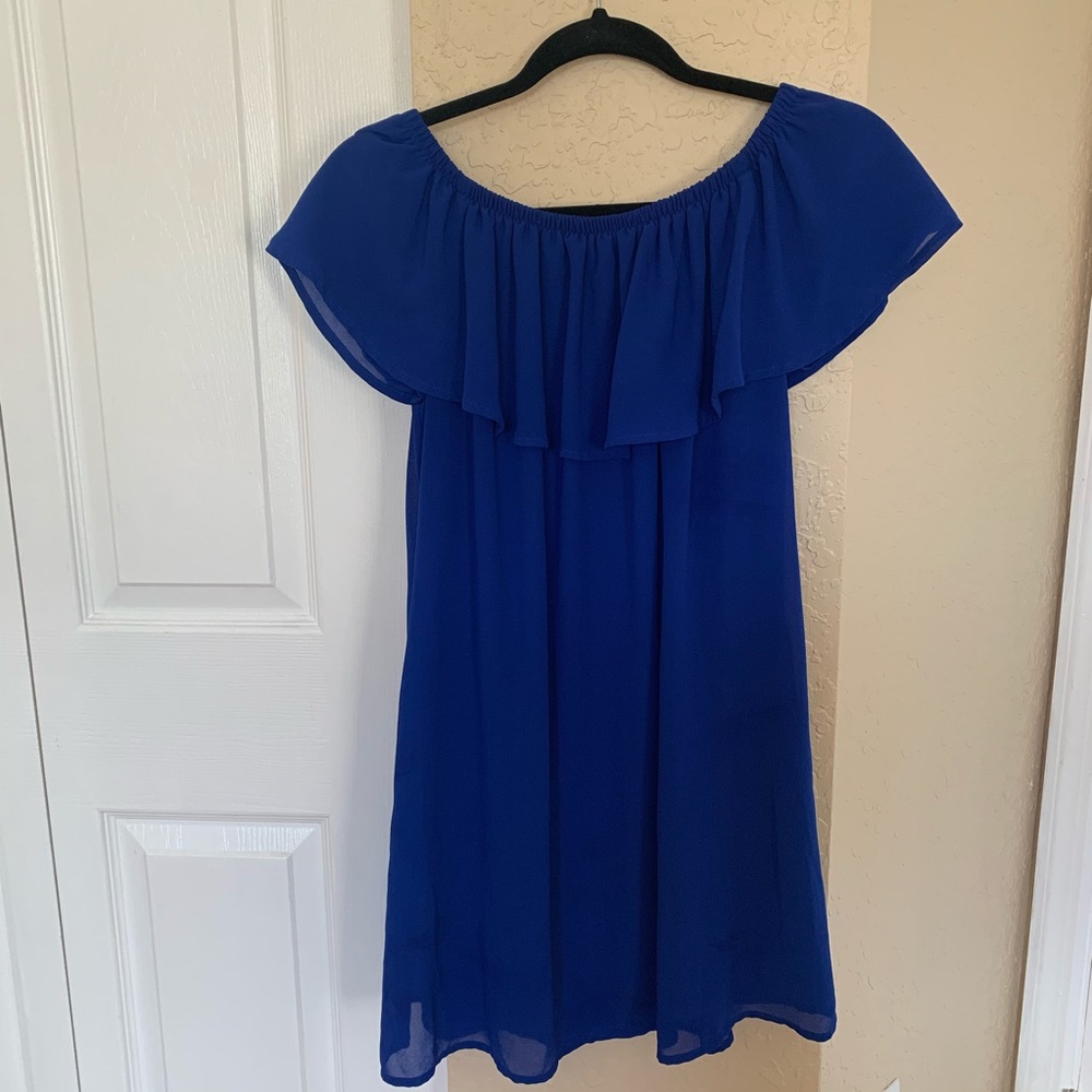 Blue Off-The-Shoulder Ruffle Dress w/ Pockets - Picture 2 of 7